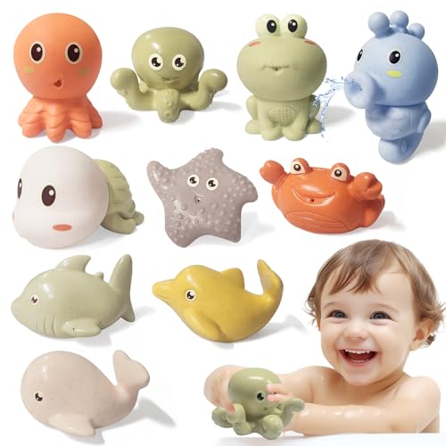Bath Toys for Kids Ages 1-3, 10PCS Silicone Animal Baby Bath Toys for Babies 6-12 Months, Bathtub Toys Toddlers 2-4, Bath Squirt Toys Floating Water Pool Toys Gifts for Boys Girls