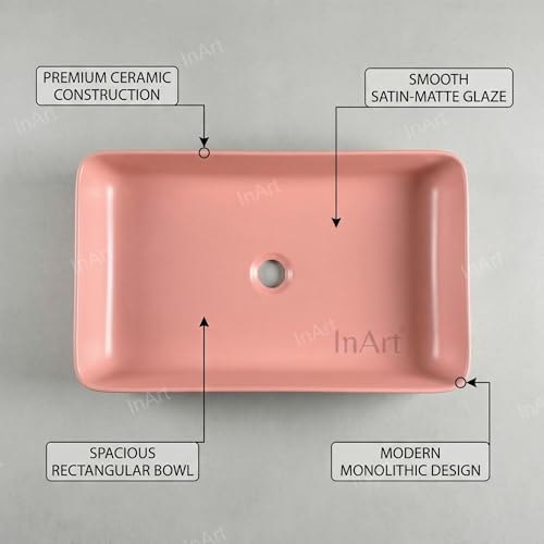 Image of InArt Wash Basin: Designer Counter Top Bathroom Sink - Vanity Wash Basin for Bathroom, Table Top Wash Basin 62 x 35 x 12 cm (Pink)