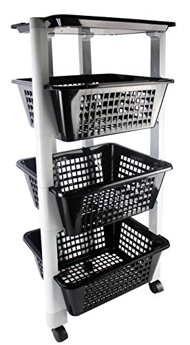 MASMAS Carrito de Plástico con 4 Niveles, Estantería con 4 Ruedas, Organizador para Cocina y Baño, Estante de Almacenamiento,Tamaño 35x26x80cm (Negro)
