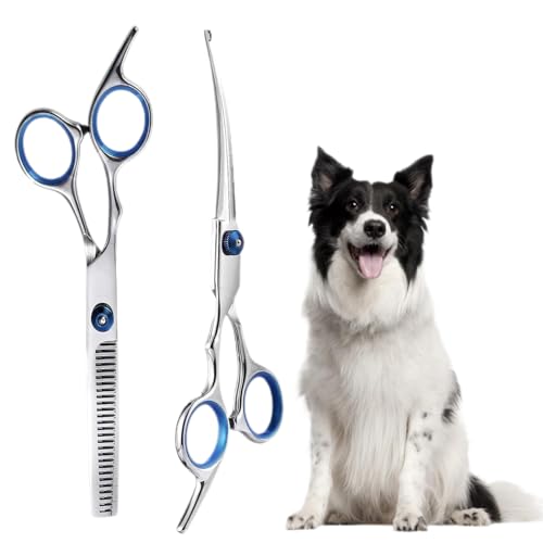 2 Stück Hundeschere Set Profi, Hundeschere Fellschere für Hunde und Katzen, Gebogene Fellpflegeschere Haarschere, Haustierschere mit Runder Sicherheitsspitze, für Hundefriseur und Anfänger