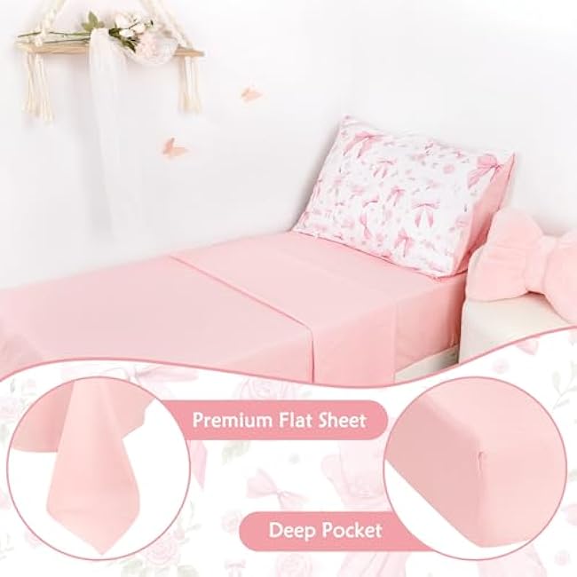 Toddler Bedding Set for Girls 4 Pieces Pink Rose, Soft Breathable Toddler Comforter Set, Bow Flower Print, Includes Reversible Comforter, Fitted Sheet and Flat Sheet, Pillowcase