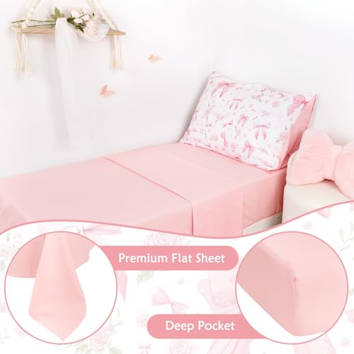 Image of Toddler Bedding Set for Girls 4 Pieces Pink Rose, Soft Breathable Toddler Comforter Set, Bow Flower Print, Includes Reversible Comforter, Fitted Sheet and Flat Sheet, Pillowcase