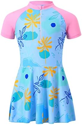 Kukume Kids Girls Short Sleeves Swimsuit Zip Up One Piece Swimwear Ruffle Skirts Bathing Suit Rash Guard Wetsuit Pink