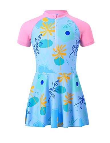 Kukume Kids Girls Short Sleeves Swimsuit Zip Up One Piece Swimwear Ruffle Skirts Bathing Suit Rash Guard Wetsuit Pink #TOP22