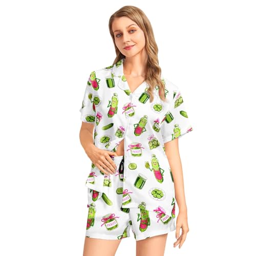 Image of Funny Pajamas for Women Set Print Satin Loungewear Pjs Short Sleeve Button Down Top and Shorts Sets Sleepwear XS-3XL
