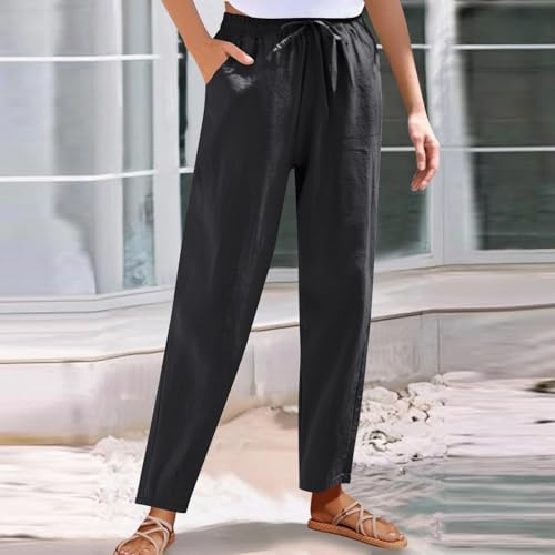 Womens Cotton Linen Pants Straight Leg Elastic Drawstring Casual Trousers with Pockets Summer Casual Beach Lounge Pants2