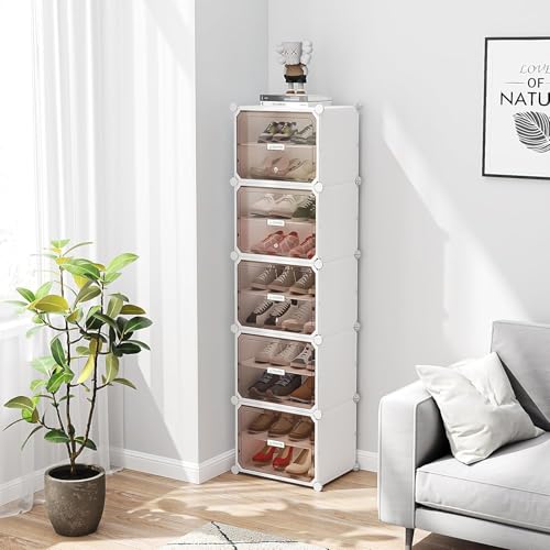 Image of Strassis Design Plastic Shoe Rack for Home | 10 Shelf DIY Shoe Rack with Door Magnets for Home Storage Plastic Box Organizer, Metal Door Frame, Chappal Slipper Sandals Stand (White,5 Door)