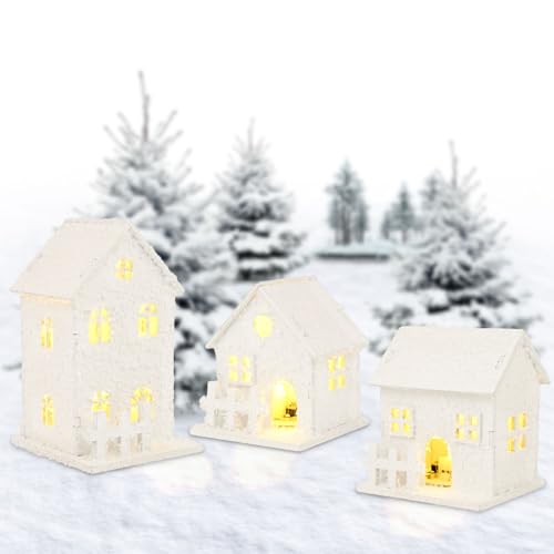 Euakee 3 Stück Weihnachtsdorf Beleuchtet Weiß, Weihnachtsdorf mit...