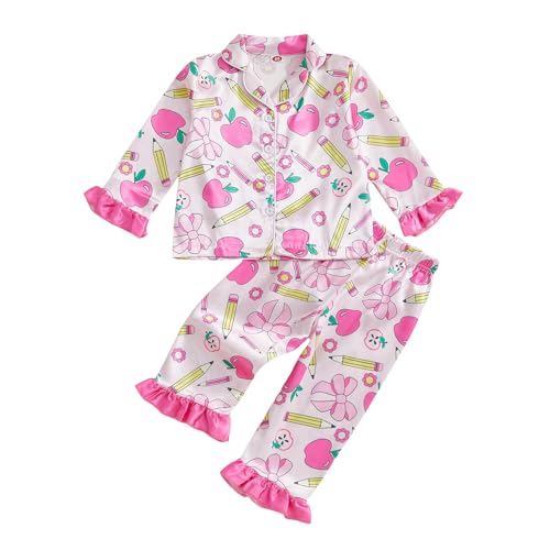 Toddler Girls Back to School Silk Pajamas Long Sleeve Apple Pencil Bow Print Shirt + Pants First Day of School Outfit
