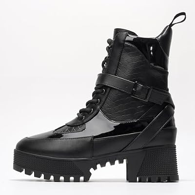 Women's Chunky Heel Combat Boots Platform Lace Up, High Top Ankle Boots Fall Winter Streetwear, Non-Slip Block Heel (Hot Rod)