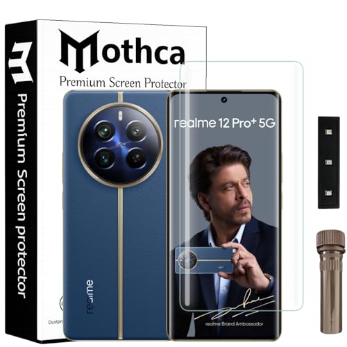 Image of Mothca Curved UV Tempered Glass Screen Protector for Realme 12 Pro Plus | Transparent | Pack of 1 | Full Screen Coverage with UV Installation Kit