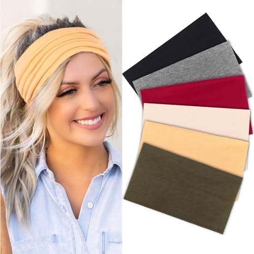 6 Pack Wide Headbands For Women - 4.7 Inch Cotton Stretchy Non-Slip Hair Bands