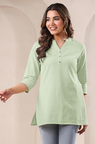 Image of Janasya Women's Light Blue Linen Cotton Solid A-line Top