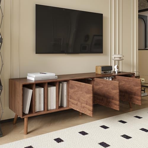 Image of Merax 69 inch TV Stand for TVs Up to 75 inch, Modern Entertainment Center with 3 Doors and Vertical Open Shelves, Media Console with Unique Mosaic Front Design for Living Room