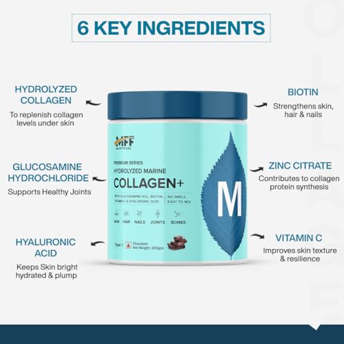 Image of MyFitFuel Hydrolyzed Beauty Marine Collagen Peptides (100gm, Chocolate) with Biotin, Hyaluronic Acid, Zinc, Vitamin C & Glucosamine | For Skin, Hair, Nails & Joints