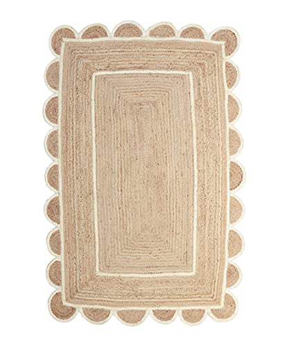 Alfombra bohemia de yute con patrón festoneado (5 x 8 pies, color blanco roto)