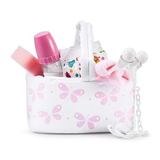 Muñecas Arias - Canastilla Elegance Rosa para Muñeca con Biberón Mágico, Patucos ,Chupete, Pañal, Bote para Gel, Bote para Champú y Esponja (ARI5017)