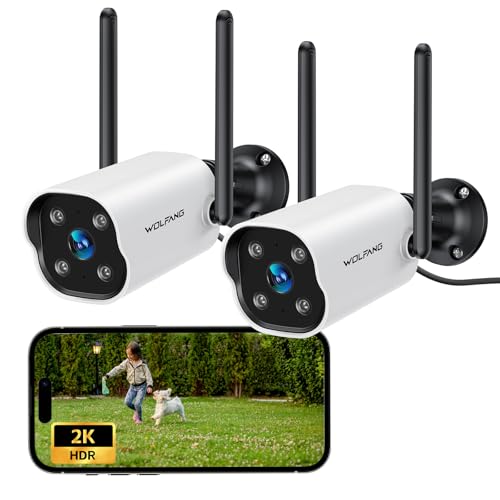 WOLFANG Camara Vigilancia WiFi Exterior, 2K Seguridad Camaras Vigilancia Domicilio WiFi 2,4G con Visión Nocturna Color, Detección de Movimiento, Sirena, Audio Bidireccional, IP65, 2 Pack