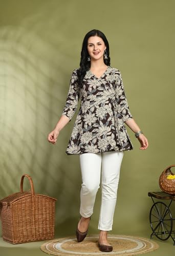 Image of feranoid Floral Print Angrakha 3 Sleeves Flared Kurti