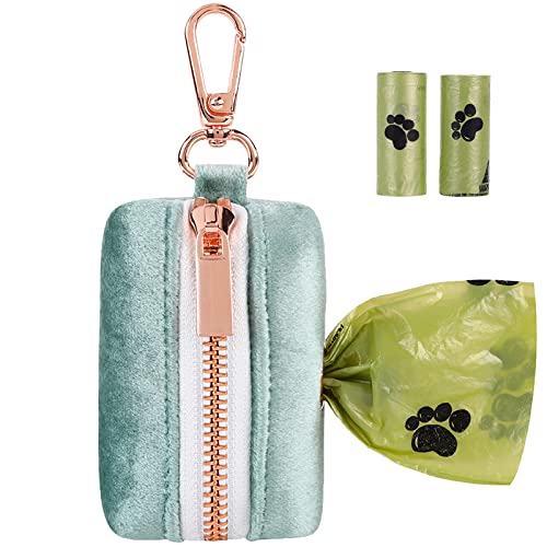 Image of ARING PET Dog Waste Bag Dispenser, Velvet Green Doggy Poop Bags Holders Attach to Any Leashes, Portable Washable Pet Waste Pouch Dispenser with Metal Zipper