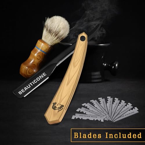 Image of BEAUTICONE Straight Razors for Men, Straight Edge Razor, Single Edge Replacement Blades, Stainless Steel, Barber Razor for Men's Shaving, Barber Shaving Knife (Ash Wood)