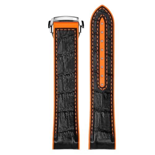 Imagen de ROUREOX Correa Cuero Auténtica Hecha a Mano Correa Reloj Hombre Hebilla Metálica Ajustable Cuero Suave para Omega Seamaster and Speedmaster Planet Ocean-Negro Naranja + Plata 22mm