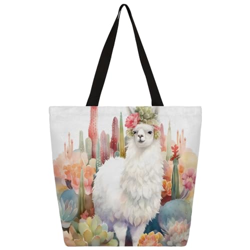Mularoka Alpaca Cactus Watercolor Large Capacity Canvas Tote Bag Stylish Handheld Shoulder Bag Reusable Shopping Bag for Work Travel Beach Trips Shopping