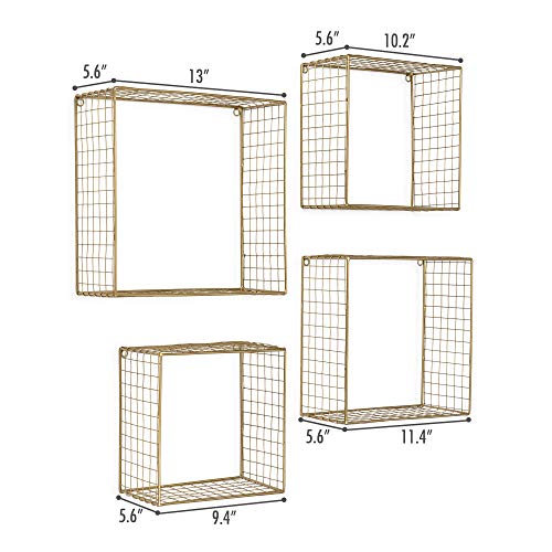 Kimisty Set 4 Gold Square Wall Shelves, Floating Decorative Wire Wall Mounted Shelf, Geometric Mesh Shelves, Boho Deep Gold Shelving #TOP2