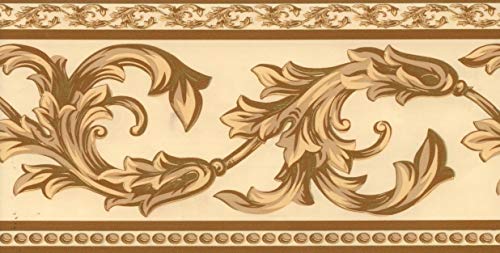 Dundee Deco Bd3208 Peel And Stick Coffee With Cream Grey Green Vines Beige Damask Wallpaper Border Retro Design, Roll 33 Ft. X 4 In. (10M X 10Cm), Self Adhesive #TOP2
