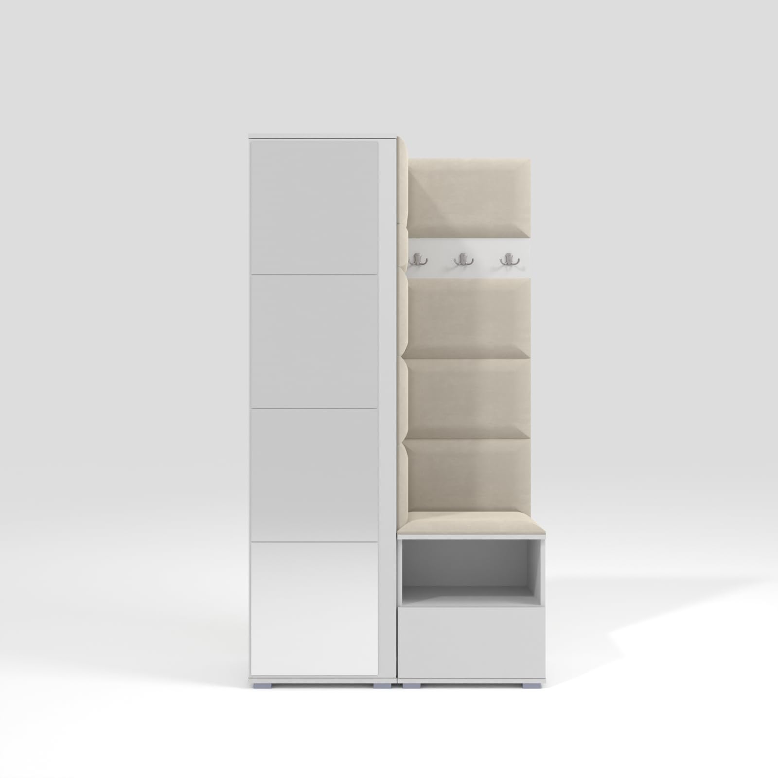 RAVIO Flurgarderobe 100 cm mit Kleiderschrank & Spiegel, Garderobenset Flur mit Schuhschrank, Sitzbank, Garderobenpaneel, Wandpolster - Weiß/Creme