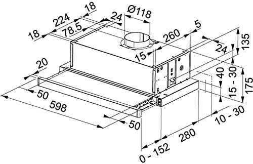 Technical drawing with dimensions for Franke FTC 6032 GR XS slide-out cooker hood installation.