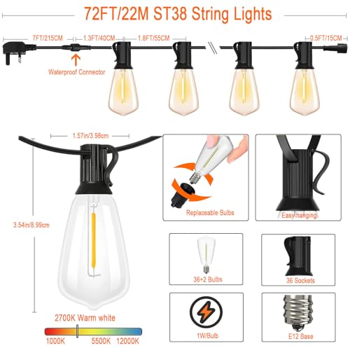 Skeerei 22M Festoon Lights Outdoor Mains Powered Led Garden String Lights with 36+2 LED ST38 Vintage Lights String for Patio Bistro - Image 3