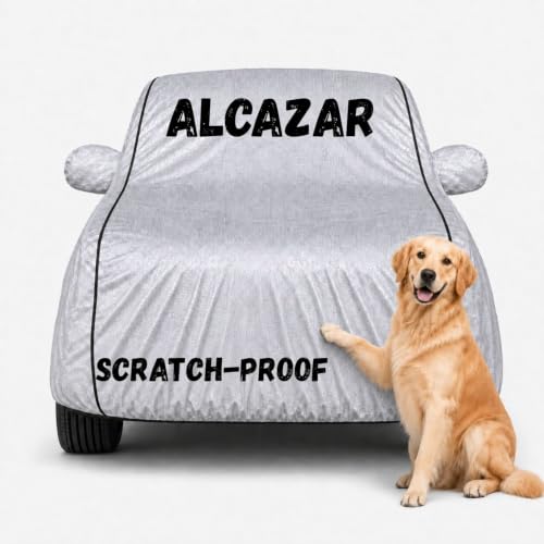Image of Waterproof Car Cover for Alcazar | Soft Cotton Lining Heavy Duty Triple Stitched Heat Resistant Outdoor Cover Comes with Mirror and Antenna Pocket Full Bottom Elastic (Zig Zag Silver)