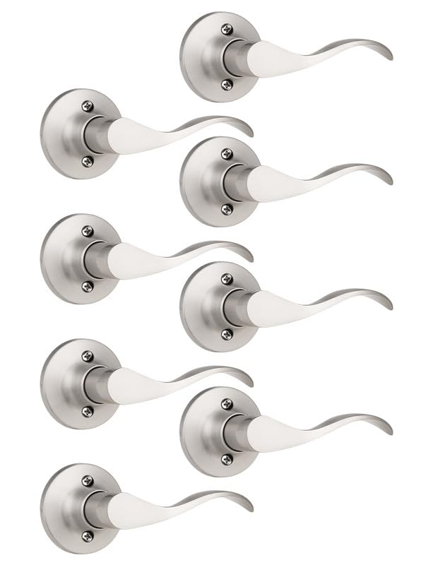 Image of Mengico 8 Pack Satin Nickel Dummy Door Lever, Single Right Side Door Handle for Closets, Non-Turning Pull Only Lever Set, Wave Style Interior Door Knob