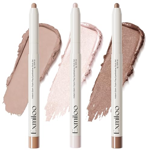Exmiloo 3 PCS Lidschatten Stift Set, Wasserfest Creme Eyeshadow Stick mit Matt & Schimmernd Finish, Hochpigmentiert, Langanhaltend, Knitterfrei Natürliches Lidschattenstift, Everyday Neutrals