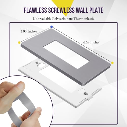 Image of ENERLITES Elite Series Screwless Decorator Wall Plate Child Safe Outlet Cover, Size 1-Gang 4.68 inch H x 2.93 inch L, Unbreakable Polycarbonate Thermoplastic, SI8831-BSV, Brushed Silver