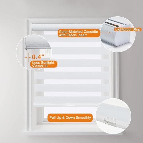 Persilux Cordless Zebra Blinds for Windows with Jacquard Pattern Roller Shades Light Filtering Sheer Window Shades for Home, Office and Door (34 W x 72 H, White)