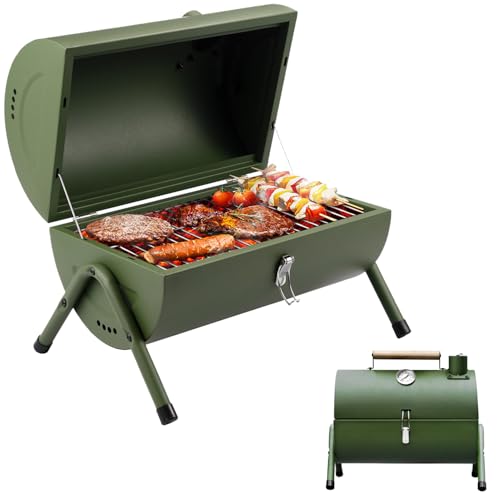 Camping Portable BBQ Barbecue Grill Outdoor Compact Smoker Portable Oil Drum Barbecue,Ideal for Camping, Festivals & Picnics, Tabletop Grill Green