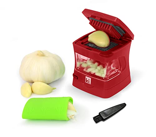 Kitchen Innovations Garlic-A-Peel Garlic Press, Crusher, Cutter, Mincer, and Storage Container - Includes Silicone Garlic Peeler - Easy to Clean - Stainless Steel Blades – (Red), standard