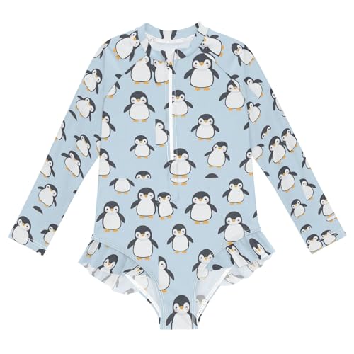 Cartoon Penguin Light Blue Girls Long Sleeve Swimsuit Rash Guard One Piece Bathing Suits Zipper 3-12T