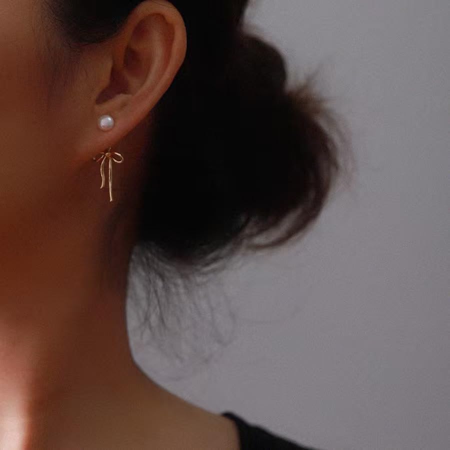 Bow Earrings for Women,Huggie Stud Dangle 3Options,14K Gold Plated,Hypoallergenic,Daily Wear or Holiday Jewelry Gifts - Image 5