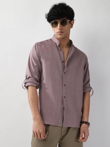 Image of Urbano Fashion Men's Linen Blend Full Sleeve Relaxed Fit Mandarin Collar Casual Solid Shirt