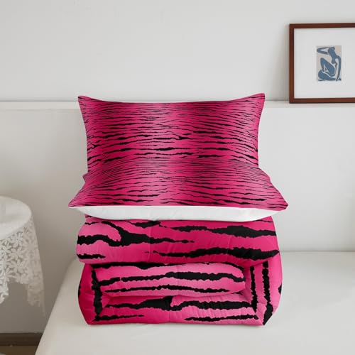 Image of Feelyou Girls Pink Black Kids Comforter King, Zebra Stripes Comforter Set for Boys Girls Safari Animal Print Bedding Set Zoo Animal Fur Print Duvet Set with 2 Pillow Case