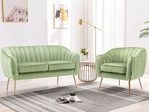 Altrobene Velvet Couch Sofa Chairs For Two People, Modern Loveseat For Living Rooms, Bedrooms, Small Spaces, Golden Finished, Light Green #TOP6