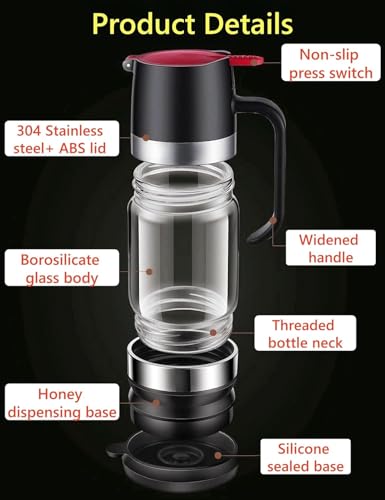 Syzplnwy Honigspender Glas, 9 oz Tropfsicheres Honigglas mit Griff, Tropfsicherer Glas-Honigspender mit Halterung, Sirupspender Glas für Kaffee Oder Tee, Ideal für Honig und Sirup, Schwarz