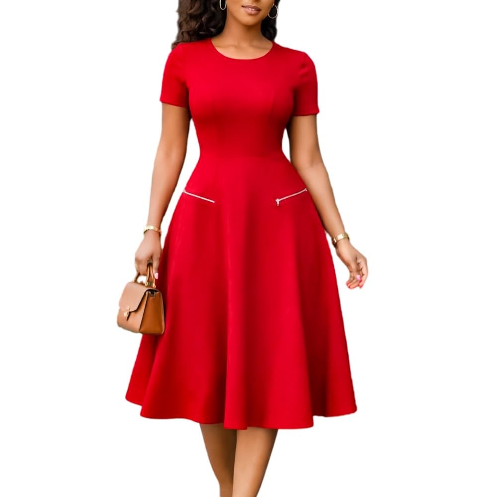 Vestido Midi Casual De Corte A Para Mujer Elegante, De Cuello Redondo, Manga Corta, Con Bolsillo Simulado, Ideal Para La Oficina, El Trabajo, Ocasiones Formales Y Fiestas
