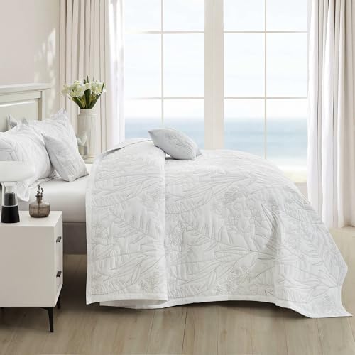 Image of HZ & HY Botanical Oversized Queen Bedspread, Stitched Leaf Quilt Set Queen Size, Lightweight Reversible Coverlet, Tailored Edge - Soft Neutral Look, 5 Piece, White /Taupe