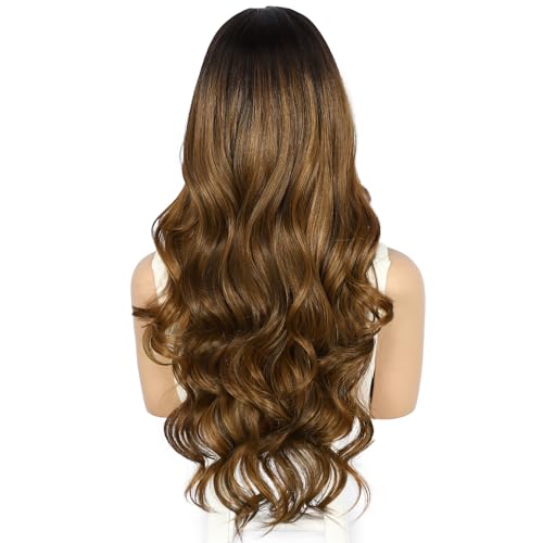 Sapphirewigs Brown Lace Front Wig 13x4 Synthetic Body Wave Ombre Brown Synthetic Lace Front Wigs for Women Party Date Daily Wear Christmas Natural Looking 26 inch - Image 2