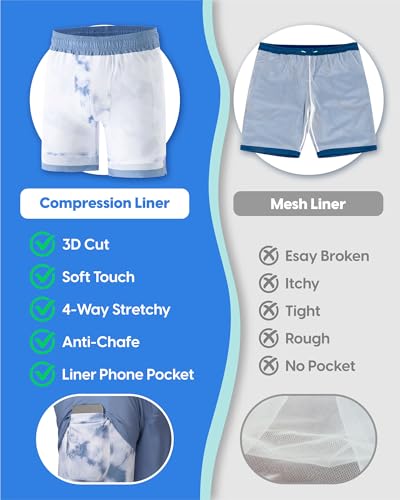 maamgic Mens Swim Trunks 7" Swim Shorts with Compression Liner Quick Dry Swimming Trunks Plaid Grain Bathing Suit3