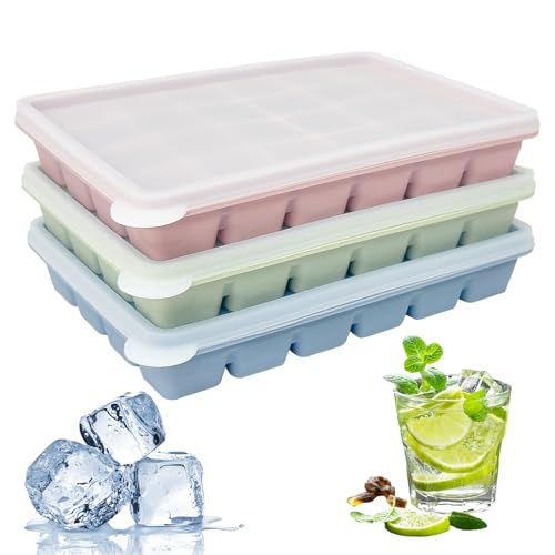 Lot de 3 Bacs à Glaçons en Silicone avec Couvercle, Moule à Glaçon Carré Empilable pour Congélateur, Démoulage Facile, Sans BPA, pour Cocktail, Whisky, Eau et Purée Bébé Diversification